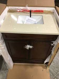 lot 24 image: Teagen 30 in. W Bath Vanity in Dark Espresso with Cultured Stone Vanity Top in Beige with White Basin by Home Decorators Collection Customer Returns See Pictures