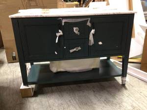lot 21 image: Home Decorators Collection Sherway 49 in. W x 22 in. D Bath Vanity in Antigua Green with Marble Vanity Top in Carrara White with White Basins by  Medium Beoken Customer Returns See Pictures