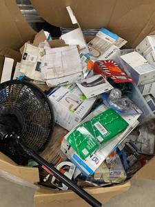 lot 56 image: Gaylord full of assorted plumbing , lihghtin and misc items various items brands and conditions open pkgs see pictures