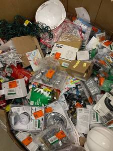 lot 57 image: Gaylord full of assorted plumbing , lihghtin and misc items various items brands and conditions open pkgs see pictures