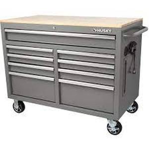 lot 87 image: 46 in. W 9-Drawer, Deep Tool Chest Mobile Workbench in Gloss Gray with Hardwood Top by Husky- not used - SEE PICTURES