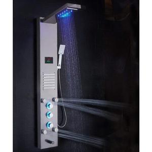 lot 66 image: 53 in. 10-Jet Shower Panel System in Brushed Black with LED Rainfall Waterfall Shower Head Handshower and Tub Spout by ELLO&ALLO- open box not used -SEE PICTURES