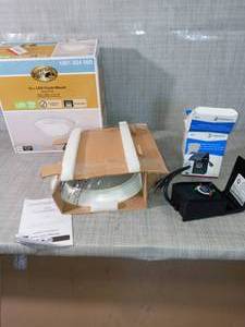 lot 46 image: 13 in. 180-Watt Equivalent White Integrated LED Flush Mount with Frosted Glass Shade & 15 Amp 24-Hour Outdoor Plug-In Heavy Duty Timer, Black - open box not used -SEE PICTURES