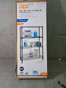 lot 74 image: Black 4-Tier Metal Wire Shelving Unit (36 in. W x 54 in. H x 14 in. D) by HDX- slightly damaged -SEE PICTURES