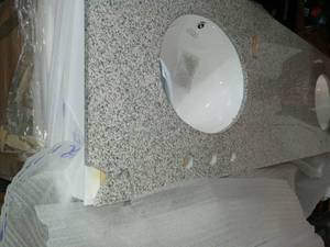 lot 89 image: Fremont 72 in. W x 22 in. D Double Vanity in White with Granite Vanity Top in Grey with White Sink by Home Decorators Collection- cracked  - SEE PICTURES