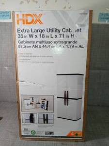 lot 103 image: 35 in. W 4 Shelf Plastic Multi-Purpose Cabinet in Gray by HDX- open box not used  - SEE PICTURES