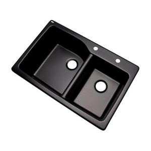 lot 39 image: Grande Dual Mount Composite Granite 34 in. 2-Hole Double Bowl Kitchen Sink in Black by Mont Blanc - open box not used -SEE PICTURES