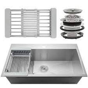 lot 93 image: Handmade Drop-in Stainless Steel 33 in. x 22 in. Single Bowl Kitchen Sink with Drying Rack by AKDY- open box not used  - SEE PICTURES
