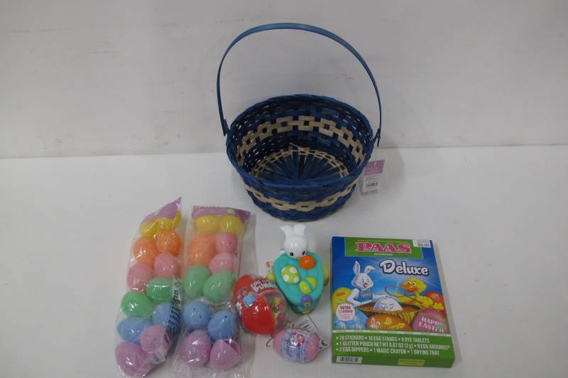 Blue Wicker Easter Basket Set with Refillable Eggs, Toys and Egg Decorating Kit - NEW