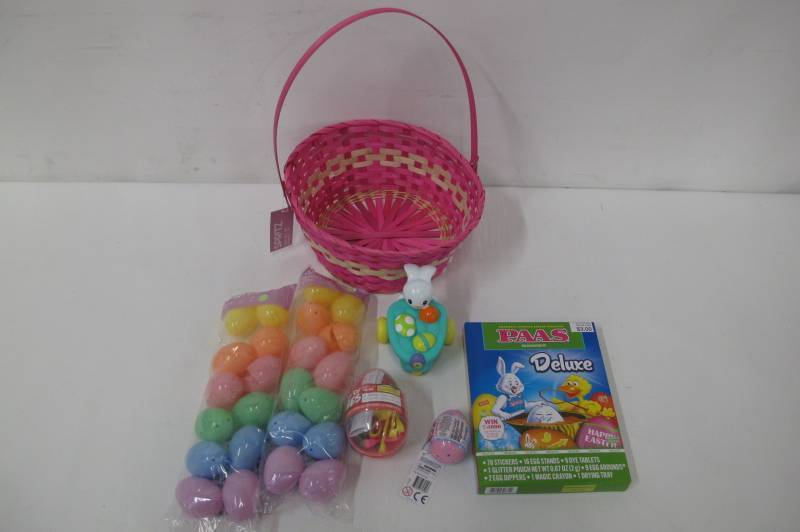 Pink Wicker Easter Basket Set with Refillable Eggs, Toys and Egg Decorating Kit - NEW