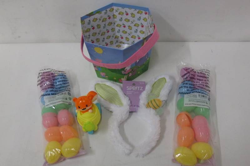 Hexagonal Cardboard Easter Basket Set with 24 Refillable Eggs, Toy and Bunny Ear Headband - NEW