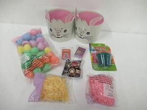 2 Carboard Bunny Easter Themed Baskets with Cloth Handles and Goodies