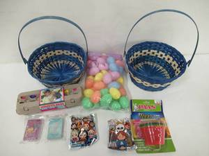 2 Blue Woven Easter Baskets with Handles and Goodies