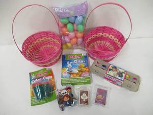 2 Pink Woven Easter Baskets with Handles and Goodies