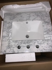 HOME DECORATORS COLLECTION SONOMA D VANITY IN WHITE WITH CARRARA MARBLE TOP WITH WHITE SINKS. SEE PICTURES