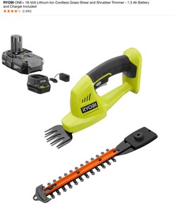 RYOBI ONE 18-VOLT LITHIUM-ION CORDLESS GRASS SHEAR AND SHRUBBER TIMMER- 1.3 AH BATTERY AMD CHARGER INCLUDED. SEE PICTURES
