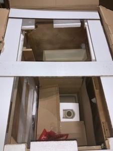 HOME DECORATORS STANHOPE 37 IN. D VANITY IN RECLAMIED OAK WITH ENGINEERD STONE VANITY TOP IN CRYSTAL. SEE PICTURES