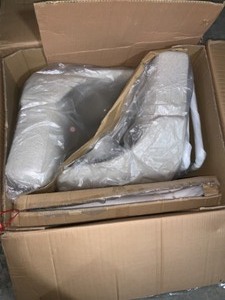 lot 22 image: STYLEWELL BENFIELD NATURAL FINISH UPHOLSTERED BAR STOOL WITH BACK AND BISCUIT BEIGE SEAT (SET OF 2). SEE PICTURES