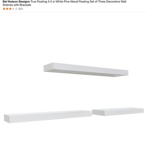 lot 24 image: DEL HUTSON DESIGNS TRUE FLOATING 5.5 IN WHITE PINE WOOD FLOATING SET OF THREE DECORATIVE WALL SHELVES WITH BRACKETS. SEE PICTURES
