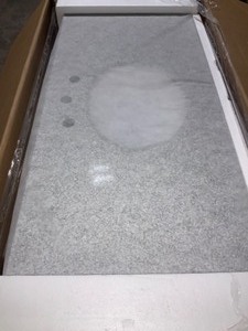 lot 27 image: HOME DECORATORS COLLECTION NEWPORT 49 IN . W X 21-12 IN D BATH VANITY IN BLACK WITH GRANITE VANITY TOP IN GREY. SEE PICTURES 