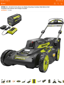 lot 54 image: RYOBI 20 IN. 40-VOLT 6AH LITHIUM-ION BATTERY BRUSHLESS CORDLESS WALK BEHIND SELF-PROPELLED LAWN MOWER. BATTERY AND CHARGER NOT INCLUDED