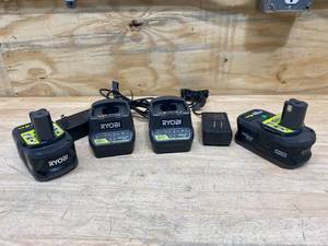 lot 48 image: RYOBI Lot of 2-  18v Batteries (4.0Ah) with and 2- 18v Chargers
