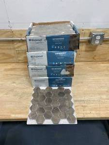 lot 63 image: LIFEPROOF Lot of 36-  Sierra Wood Hexagon 12 in. x 12 in. x 8mm Glazed Porcelain Mosaic Floor and Wall Tile (0.83 sq. ft.  piece) Retail for $11.98 each