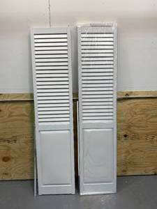 lot 113 image: PINECROFT 72 in. x 80 in. Seabrooke Louver Over Panel White Hollow Core PVC Vinyl Interior Bi-Fold Door