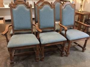 Six UpholsteredWood Framed Dining Room Chairs w Brass Accents