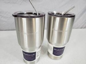 lot 14 image: 2 New Stainless Steel Tumblers with Straws