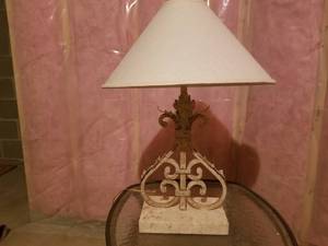 lot 54 image: Stone and Faux Wrought Iron Table Lamp with Acanthus Leaves