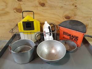 lot 138 image: Vintage Pots, Wire Basket, Minnow Bucket and More
