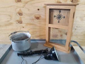 lot 163 image: Oak Clock, Aluminum Bucket and Articulating Lamp