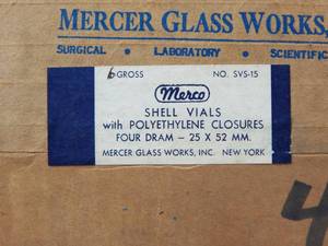 lot 201 image: Case of Merco Mercer Glass Works 4 Dram Glass Snap Cap Vials - 6 Gross