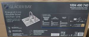 lot 229 image: Glacier Bay All-in-One Dual Mount Stainless Steel 33 in. 2-Hole Double Bowl Kitchen Sink Kit with Faucet
