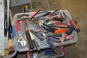lot 89 image: Lot of Hand Tools - Hammers, Pliers, Screwdrivers, Chisel, Crescent Wrenches, Wire Cutters, Misc. Hand Tools (in bin)