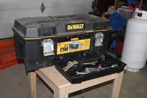 lot 84 image: DeWalt Plastic Tool Box with Tool Caddy, Hand Tools - Ratchet Wrenches, Breaker Bar, Sockets, Misc. Hand Tools