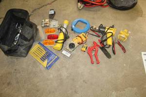 lot 93 image: Tool Bag, Hand Tools - Wagner Heat Gun, Wire Stripper, Multi-meter, Shop Lite, Misc. Hardware, Misc. Hand Tools 16Lx9Wx9H