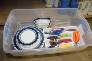 lot 139 image: Dishware - Plates (x4), Bowls (x4), Saucers (x4), Utensil Organizer, Set of Multi-color Utensils