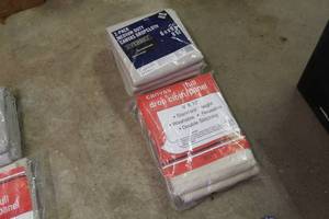 lot 123 image: Lot of (3) Canvas Paint Drop Cloths - Everbilt 2-pack Medium Duty 6x9, Full Panel 9x12 (new in package)