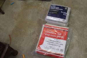 lot 122 image: Lot of (3) Canvas Paint Drop Cloths - Everbilt 2-pack Medium Duty 6x9, Full Panel 9x12 (new in package)