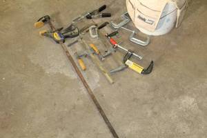 lot 128 image: HandyBoss Tool Organizer Bucket, Hand Clamps, C-Clamps, Slide Clamps