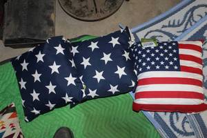 lot 144 image: Lot of (3) Mainstays IndoorOutdoor Toss Pillow USA Flag Stars and Stripes 16Wx16H