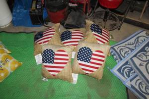 lot 142 image: Lot of (5) Mainstays IndoorOutdoor Toss Pillow USA Flag Heart Shape 16Wx16H