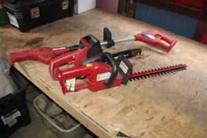 lot 222 image: Lot of (3) Homelite 18V Cordless Yard Tools - Hedge Trimmer UT31840, Chain Saw UT34010, Pole Pruner UT34020