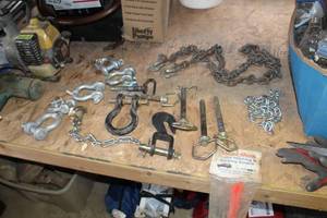 lot 201 image: Lot of (Approximately 15) Chain Hooks, Hitch Pins, Chain with Hook Ends