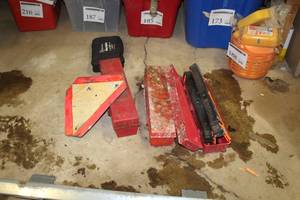 lot 268 image: Lot of (5) Safety Accessories - Warning Triangle Flare Kit 1005 (x3), Warning Triangle Metal Sign (x1), First Aid Kit (x1)