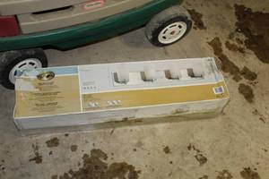 lot 265 image: Hampton Bay Wellman 4 Light Vanity Fixture Polished Nickel with Etched White Glass Shade 30.6Wx5Dx6.5H (in box)