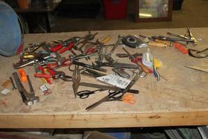 lot 335 image: Lot of Hand Tools - Tongs, Locking Pliers, Scissors, Wrenches, Chalk Line, Pliers, Files, Snips, Misc. Hand Tools (in bucket)