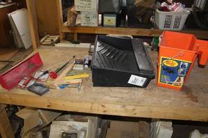 lot 337 image: Painting Supplies - Paint & Project Tray, Paint Brushes, Paint Mixer Drill Attachment, Speed Squares (x2), 18 Deep Well Tank Tray, Trim Nail Punch, Siding Removal Tool, Misc. Painting Supplies